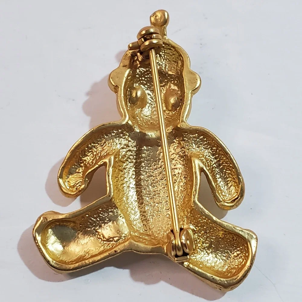 Vintage Textured Gold Tone Metal Teddy Bear w/ Rhinestone Crown Brooch Pin